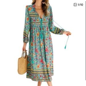 Bohemian Teal Floral Tie-Front Maxi Dress with Long Sleeves Hippie/Featival